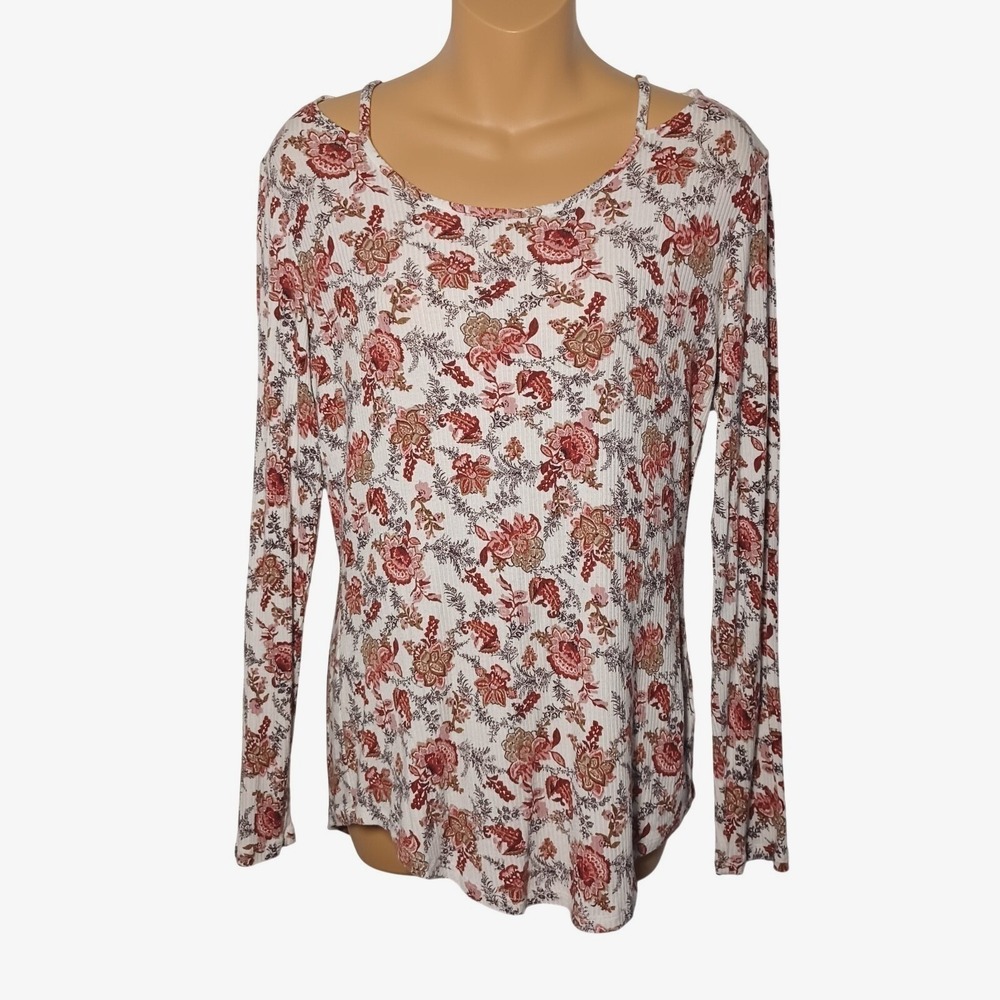 Westport N62 Womens M Floral Ribbed Romantic Strap Accent L/S Top Cottagecore